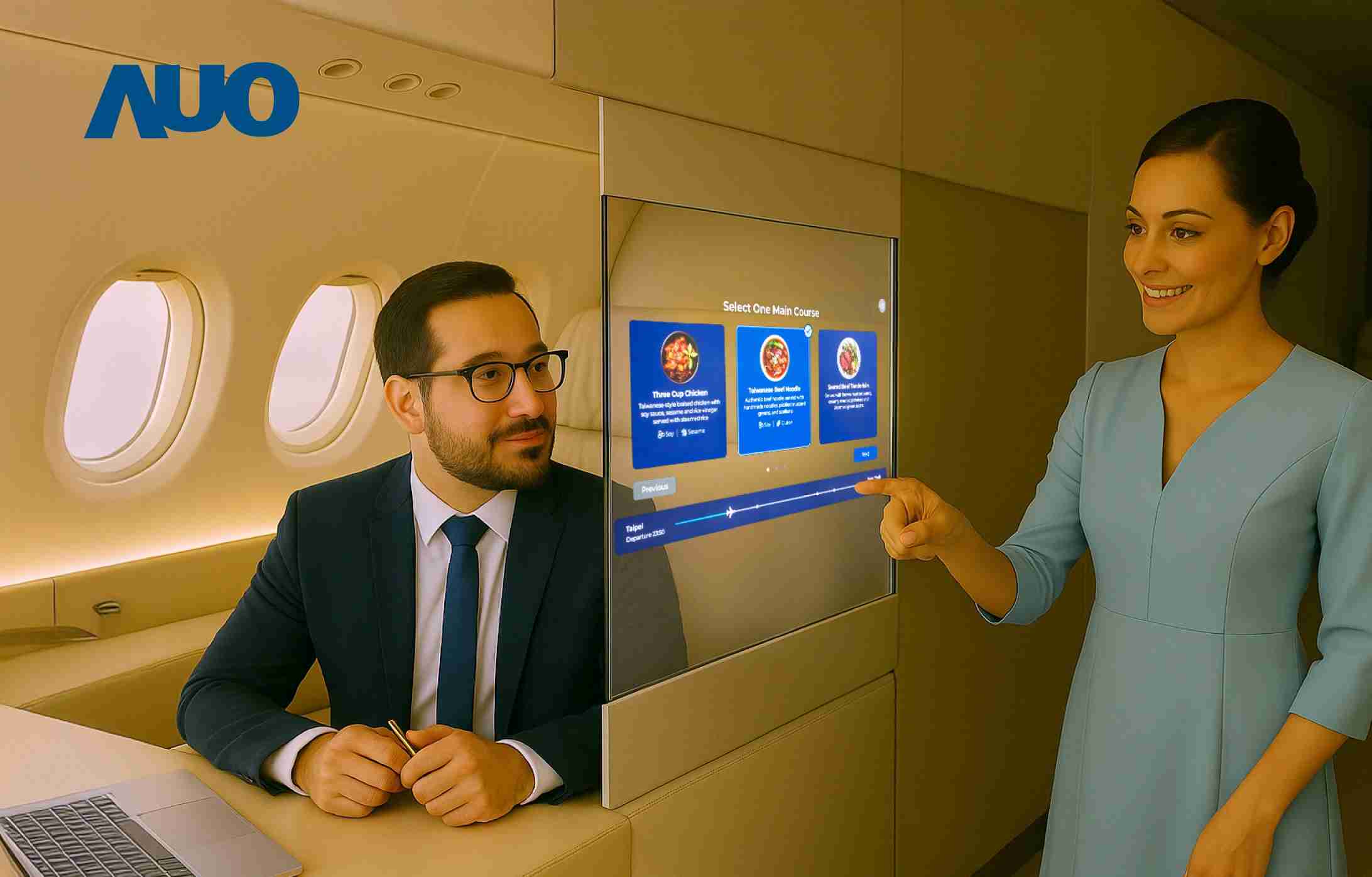 口袋牛店研发全球最薄17.3 吋双面透明 Micro LED 显示器，，，，可在同一屏幕之双边投射不同信息，，创造独特的”透明化”互动；图为实时翻译交流应用情境